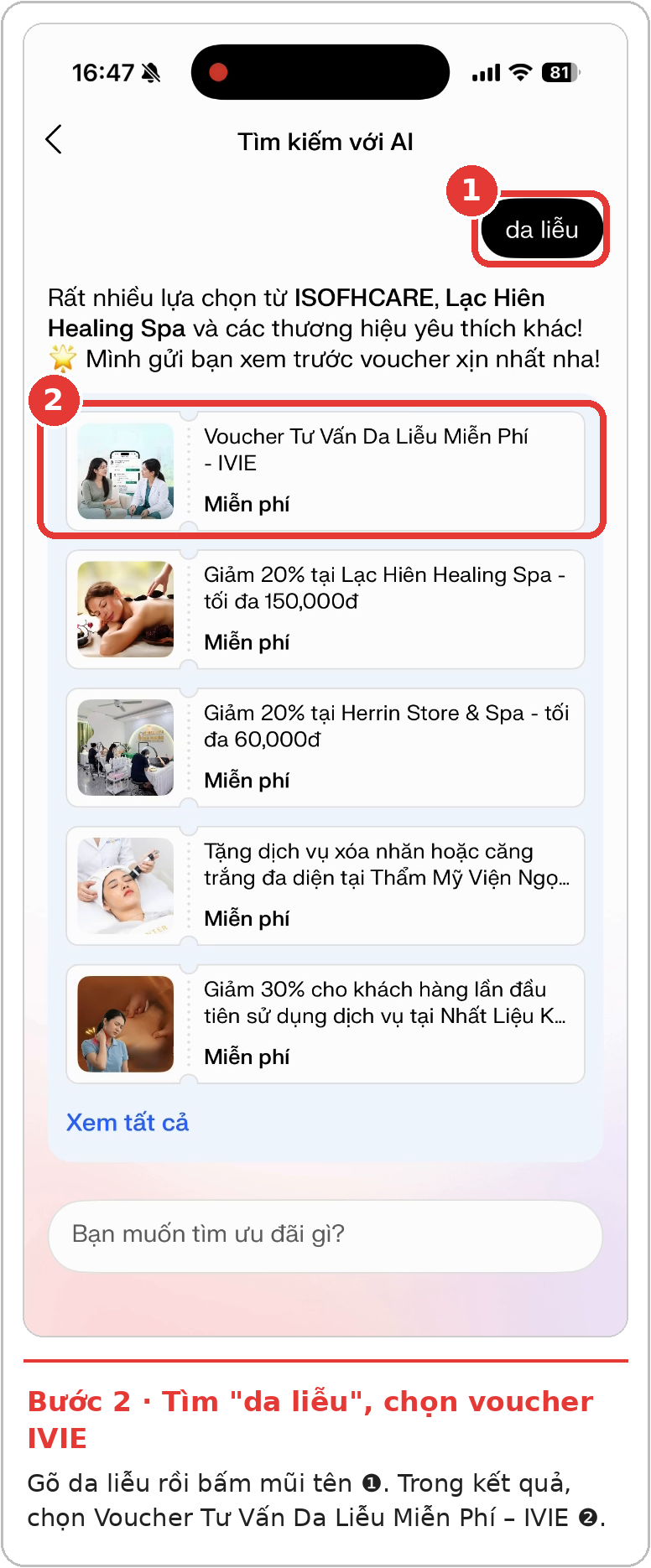 Bước 2: Nhập “da liễu”, bấm tìm kiếm và chọn Voucher Tư Vấn Da Liễu Miễn Phí – IVIE.