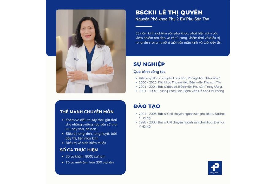 BSCKII Lê Thị Quyên có hơn 33 năm kinh nghiệm thăm khám và điều trị chuyên sâu lĩnh vực Sản phụ khoa