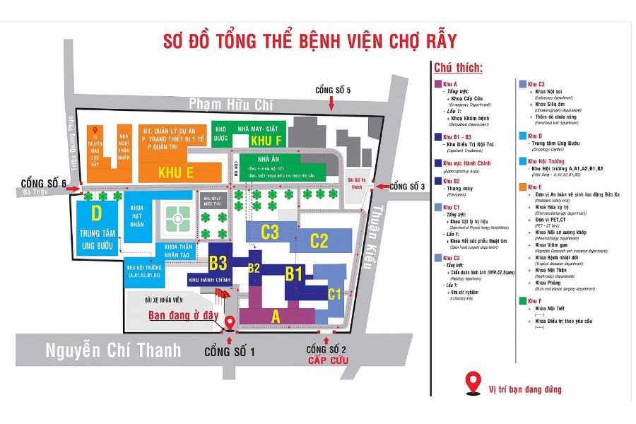 Nắm rõ địa chỉ cổng vào và sơ đồ các khoa giúp bạn di chuyển thuận tiện khi đến khám tại Bệnh viện Chợ Rẫy
