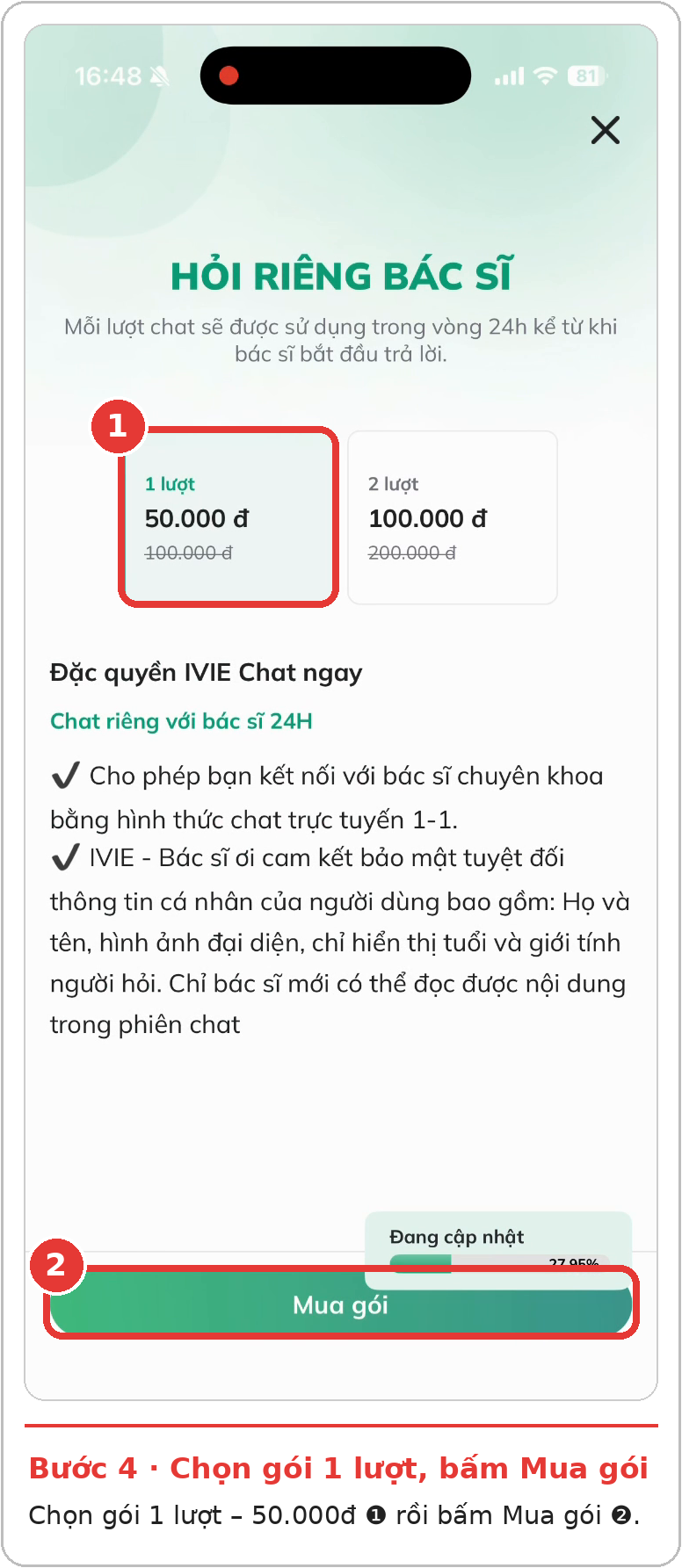 Bước 4: Chọn gói 1 lượt – 50.000đ, bấm Mua gói.