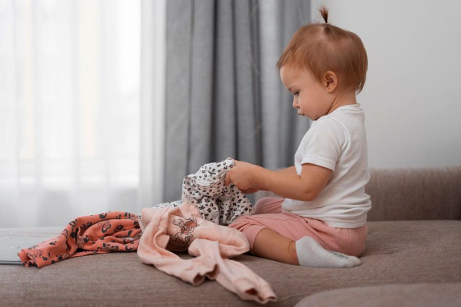 Mặc quần áo cotton mỏng nhẹ giúp thân nhiệt thoát ra ngoài tự nhiên. Bố mẹ tuyệt đối không đắp chăn dày hay ủ ấm quá kín khi con sốt